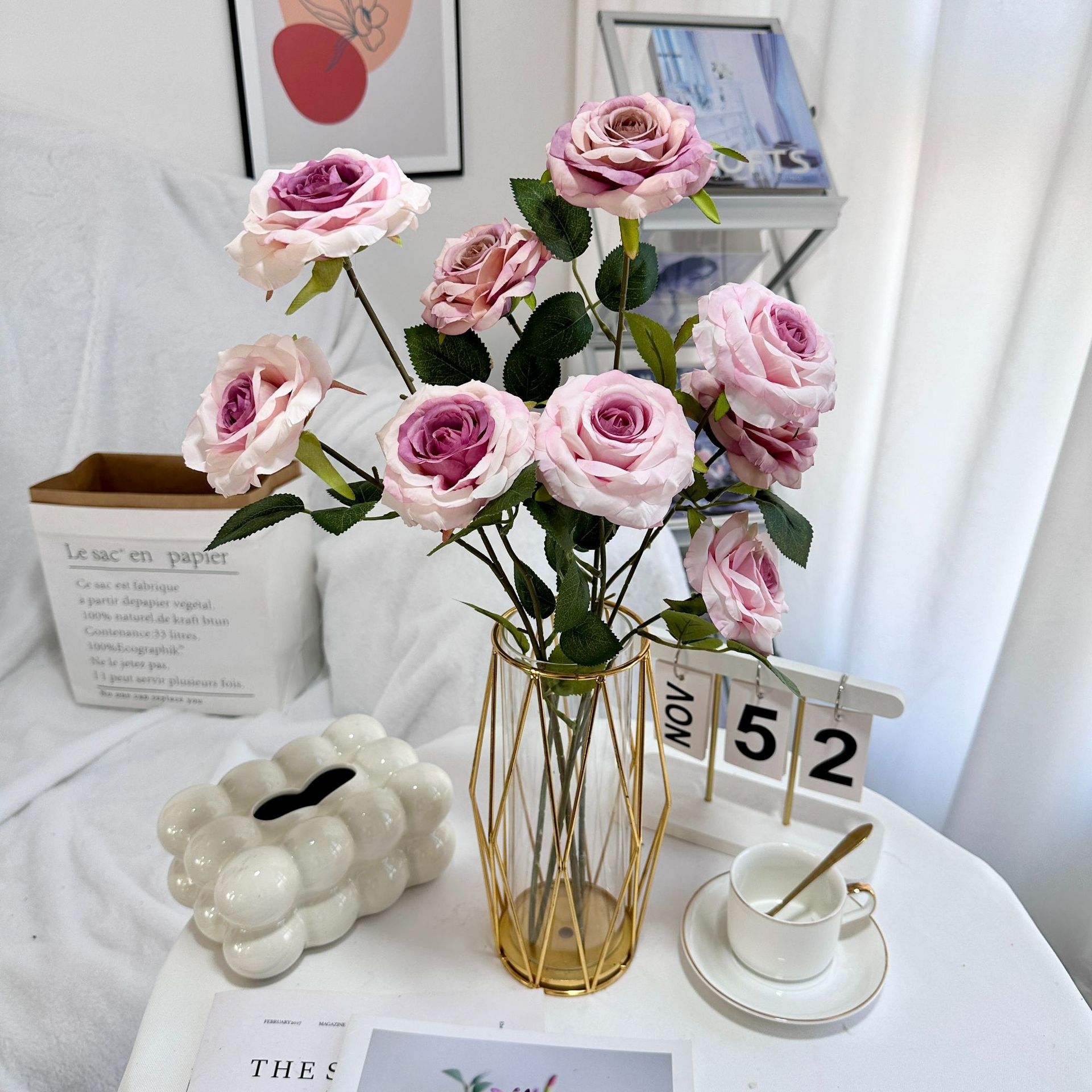 Dried Flower Bulk - Gerçekçi 3 Başlı Elmas Güller, İpek